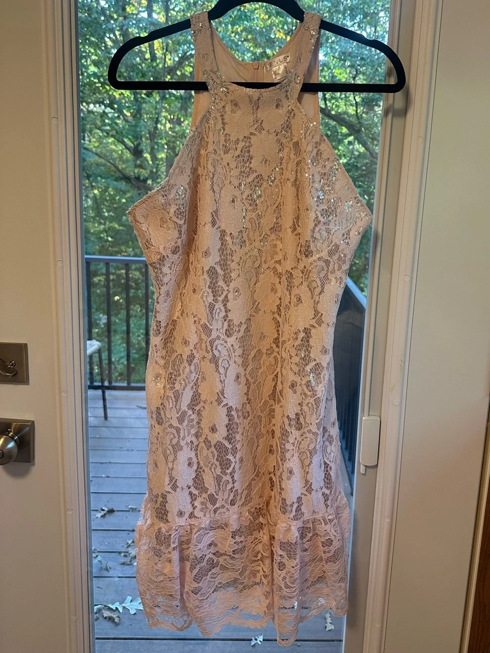 VENUS Blush Lace Halter Mini Dress with Sequin Detail